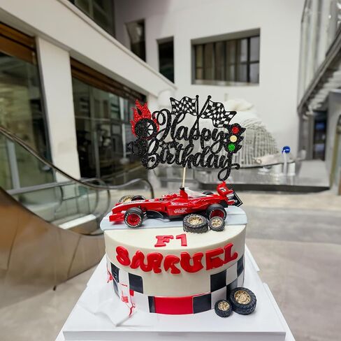 Gyufise 1Pc Race Car Happy Birthday Cake Topper Glitter Race Car Cake Decorations for Racing Car Checkered Flag Glitter Race Car Cake Topper Birthday Theme Party Supplies Black in Saudi Arabia