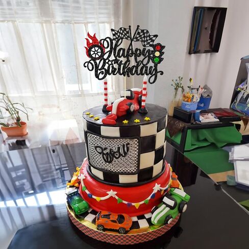 Gyufise 1Pc Race Car Happy Birthday Cake Topper Glitter Race Car Cake Decorations for Racing Car Checkered Flag Glitter Race Car Cake Topper Birthday Theme Party Supplies Black in Saudi Arabia