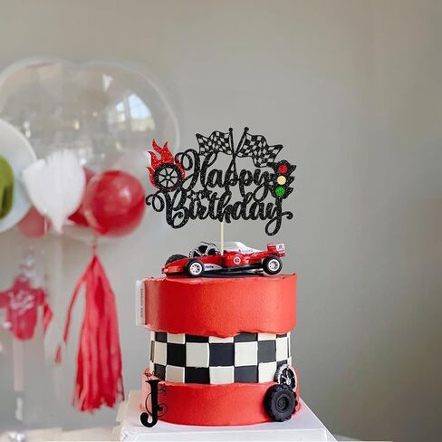 Gyufise 1Pc Race Car Happy Birthday Cake Topper Glitter Race Car Cake Decorations for Racing Car Checkered Flag Glitter Race Car Cake Topper Birthday Theme Party Supplies Black in Saudi Arabia