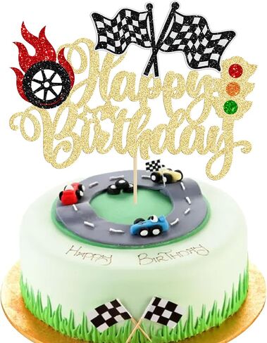 Gyufise 1Pc Race Car Happy Birthday Cake Topper Glitter Race Car Cake Decorations for Racing Car Checkered Flag Glitter Race Car Cake Topper Birthday Theme Party Supplies Black in Saudi Arabia