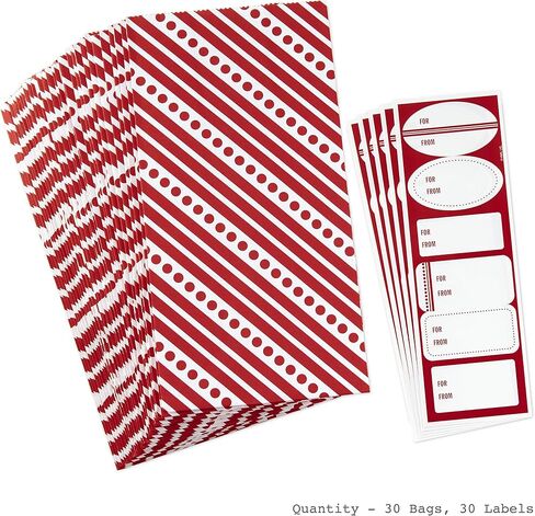Hallmark Red and White Stripe Party Favor and Wrapped Treat Bags with Gift Tag Stickers (30 Bags, 30 Labels) for Christmas, Valentines Day, Birthdays, May Day, Care Packages and More in Saudi Arabia