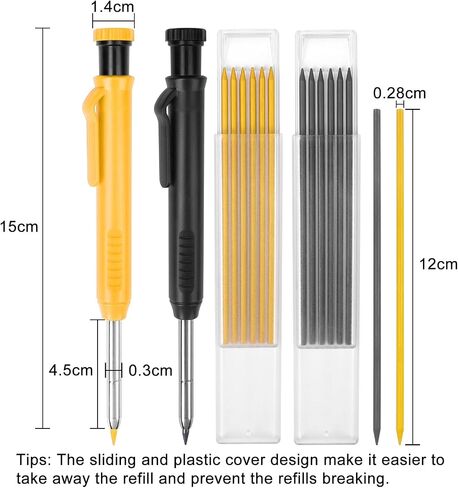 2 Pack Carpenter Pencils Mechanical Pencils with 12 Refills, Construction Pencils with Built-in Sharpener, Long Nib Deep Hole Pencil Marker, Heavy Duty Woodworking Pencils for Architect (2 Colors) in Saudi Arabia