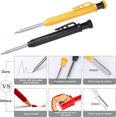 2 Pack Carpenter Pencils Mechanical Pencils with 12 Refills, Construction Pencils with Built-in Sharpener, Long Nib Deep Hole Pencil Marker, Heavy Duty Woodworking Pencils for Architect (2 Colors) in Saudi Arabia