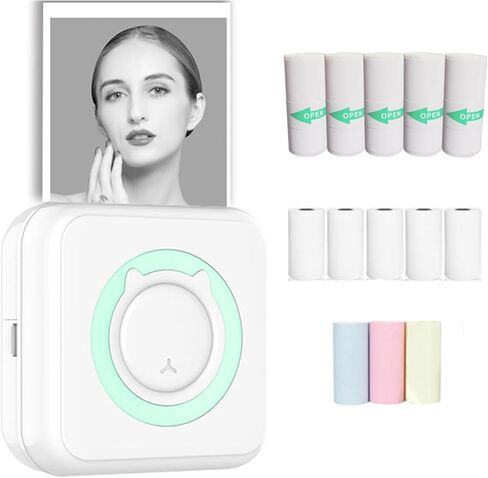 Mini Sticker Printer, Wireless Portable Printer with 10 Rolls Thermal Paper, Bluetooth Inkless Sticker Printer Compatible with 13 Rope Paper for Journal, Memo, Photo, DIY, Work, Gifts (Blue) in Saudi Arabia