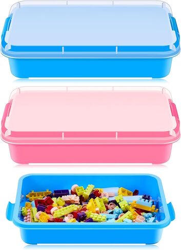 2 Pcs 15" Portable Sensory Bin Tray with Lid and Handle Transparent Lid Sensory Sand Box, Fill with Water, Sand, Beads and More, for Indoor Outdoor Sensory Activities Play(Pink, Blue) in Kuwait