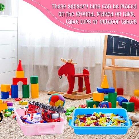2 Pcs 15" Portable Sensory Bin Tray with Lid and Handle Transparent Lid Sensory Sand Box, Fill with Water, Sand, Beads and More, for Indoor Outdoor Sensory Activities Play(Pink, Blue) in Kuwait