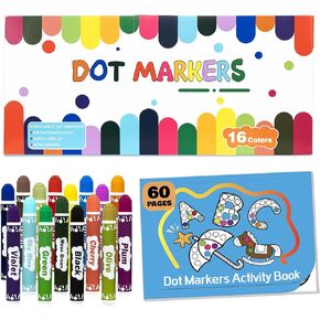 Dot Markers for Kids, 16-Color Bingo Daubers, Washable Bingo Markers for Kids Drawing Coloring, Arts and Crafts Supplies Dot Paint Marker Set with 60 Pages Kids Activity Book