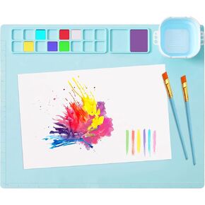 Silicone Painting Mat, 20"X16" Art Mat with Cup and Palettes, Silicone Craft Mat has 16 Color Dividers, Paint Mat for Artist Kids Clay DIY Creations (Pink)