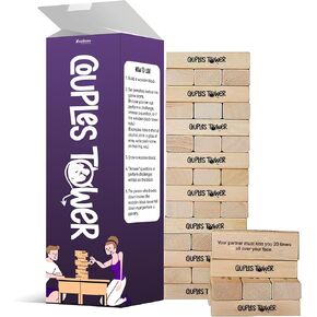 Couples Tower Questions & Dares - Naughty Stacking Wooden Block Game for Grown Ups – 54 Romantic & Engaging Questions – Exciting, Pleasing, & Funny Challenges - Make Date & Game Night Fun w/ 54 Pieces
