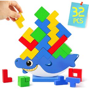 Wooden Tetra Tower Game,32 PCS Wooden Stacking Toys, Balance Tower Game,Building Blocks Toy for 1 Players+ Family Games, Parties, Travel