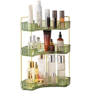 Corner Bathroom Counter Organizer, Vanity Trays for Bathroom, Skincare Makeup Organizer, Vanity Organizer, Bathroom Counter Shelf (3 Tiers, Green)