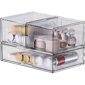 ZHIAI 4 Pack Clear Stackable Storage Drawer, Acrylic Drawer, Cosmetic Organizer, Plastic Organizer for Dresser, Under, Kitchen Cabinet, Pantry, Home Organization and Storage