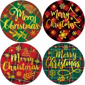 Merry Christmas Stickers Plaid Xmas Gold Foil Sealing Labels for Holiday Envelopes Cards Scrapbook Decor Supplies 100 Pcs
