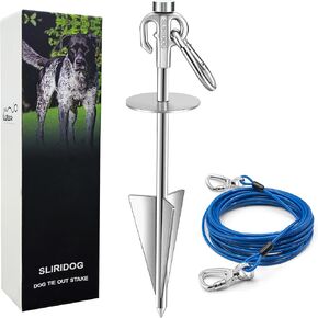 Heavy Duty Dog Tie Out Stake and Cable, 360° Swivel Dog Run, 304 Stainless Steel, Up to 160 LBS, for Yard, Outdoor, Camping (Silver, Stake and 30ft Cable)