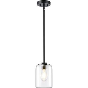 Modern Pendant Light Fixtures with Clear Glass Shade, Black Farmhouse Pendant Lights Kitchen Island, Adjustable Stem Rod Small Ceiling Hanging Light Fixture for Dining Living Room Bedroom