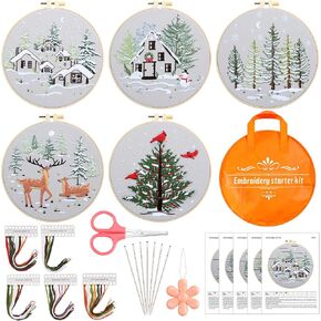 Tigeen 5 Sets Christmas Embroidery Starter Kit Adults Cross Stitch Embroidery Kit for Winter Snow Scene Christmas Tree with Instructions Embroidery Hoops Needles Colored Threads Needle