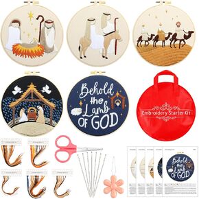 Tigeen 5 Sets Christian Nativity Scene Embroidery Kits for Starter Beginners Adult Christmas Cross Stitch Embroidery Ornament Kit with Instruction Embroidery Hoop Needle Colored Thread Needle Threader
