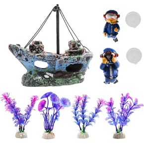 7 Pack Fish Tank Decorations, Resin Aquarium Decor Set with Sunken Ship, Divers and Plastic Aquatic Plants, Fish Tank Accessories, Aquarium Ornaments, Aquarium Accessories for Fish Tank