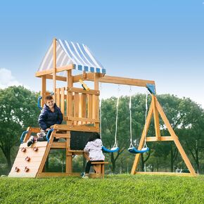 ROBOTIME Wooden Swing Set for Backyard for Toddlers, All-in-One Kids Outdoor Play Equipment with Swings, Slide, Climbing Rope Ladder, Outdoor Playset for Kids Ages 3-10