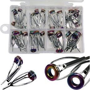 QualyQualy Bait Casting Fishing Rod Guides,Double Leg Fishing Rod Guides Laser Rainbow Colorful Ceramic Ring Saltwater Fishing Rod Tip Repair Kit 75 Pcs