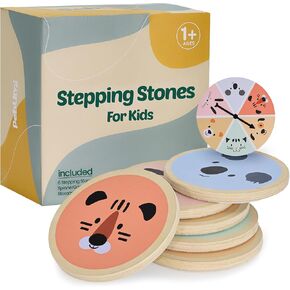 PEBUMI Wooden Stepping Stones for Kids - 6 Non-Slip Stepping Stone Toy with Spinner Game & Storage Bag, Indoor & Outdoor Sensory Toy to Promotes Balance Coordination & Strength for 1-4 Years Kids