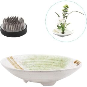 WANDIC Flower Arranging Supplies, Set of 2, Round Flower Frog & Ceramic Ikebana vases for Ikebana Floral Arrangement Art Home Decoration, Plate Shape White Spotted
