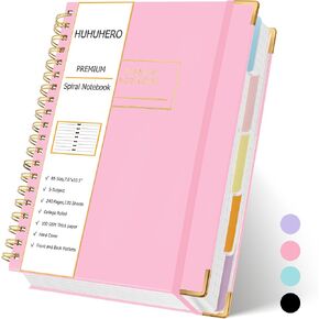Huhuhero 5 Subject Notebook with Dividers, 240 Pages Pink Spiral Journal College Ruled, B5 Aesthetic Writing Journals for Women, Hardcover Notebooks for Work Note Taking, College Essentials