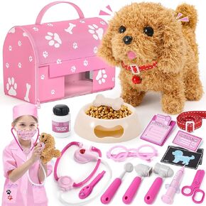 Golray Toy Dog for Kids Girl Vet Doctor Kit, Interactive Dog Can Walk Bark with 21pcs Puppy Veterinarian Set & Doctor Outfit & Carrier, Pretend Pet Toy Christmas Birthday Gift Toddler Girl Age 3 4 5 6