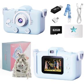 Kids Camera,1080P HD Selfie Digital Video Camera with Games& 62GB SD Card,Multifunctional Digital Camera with Storage Bag,Christmas Birthday Gifts for Girls and Boys Age 3-9 (Blue)