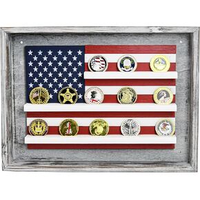 Owlgift American Flag Challenge Coin Display, Holds Military Coins, Military Coin Holder Wall Décor, Ready to Hang US Flag Patriotic Art, Holds Up to 20 Standard Size Coins, 11.5“ H x 15.5“ W