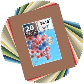 Mat Board Center, Pack of 25, 8x10 for 5x7 Assorted Color Mats - Acid Free, 4-ply Thickness, White Core - for Pictures, Photos, Framing