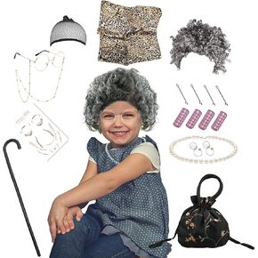 AQX Old Lady Costume Wig for Girls, 100th Day of School Granny Wig Dress Up 19 Set