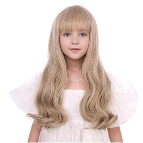 Kids Mixed Brown Wig Long Dark Brown Wig with Flat Bangs for Child Girls Long Brown Wavy Curly Wig Heat Resistant Synthetic Wig with Wig Cap