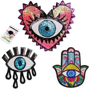 3PCS Evil Eye Sequin Patches Sewing on/Iron on, Large Embroidered Decorative Appalique with Sewing Kit for Clothes Jacket Backpack Hat, Suitable for DIY/Arts/Crafts Projects