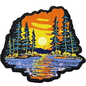 Seek Adventure Embroidered Iron-on Sew-on Patch, Nature Badge,Mountain, Forest, River, Lake, Sunset