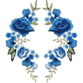 Framendino, 1 Pair Blue Rose Embroidery Patch Beautiful Flowers Embroidered Applique Patches for Clothes