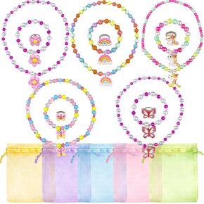 XIPEGPA 15 PCS Girl Princess Necklace Bracelet Ring Set Butterfly Rainbow Flower Favors Bags for Girl Birthday Rewards Party Favor