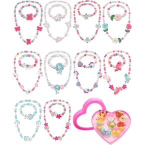 30 Pieces Girl Princess Necklace Bracelet Jewelry Set Includes 10 Sets Girls Beaded Necklace Bracelet and 10 Rings with Plastic Heart Shaped Box for Dress Up Party Cosplay Accessories