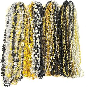 81 Pcs Happy New Year Beads Necklaces Black Gold Silver New Year Eve Beads Necklaces Bulk Accessories New Year Decorations