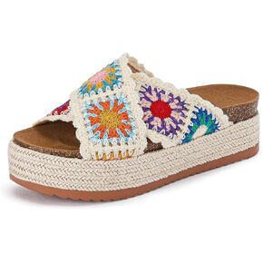 Coutgo Womens Platform Espadrille Sandals Floral Crochet Open Toe Slides | 2.2-In Heels, Slip on, Cork Footbed, Cross Wide Strap, Summer Beach Vacation Shoes in Kuwait