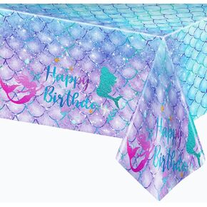 1PCS Mermaid Birthday Tablecloth for Birthday Party Decoration, Plastic Disposable Rectangle Table Cover for Kids Girls Party Supplies, 54" x 108"