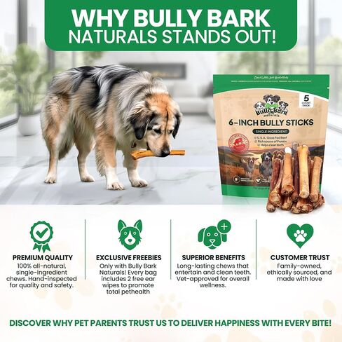 Bully Bark 100% Natural 6" Bully Sticks – 24 Count – Thin, Grass-Fed Beef Chews for Small and Medium Dogs -Fully Digestible, Natural Dental Treats to Keep Dogs Busy & Happy - Grain & Rawhide Free in Saudi Arabia