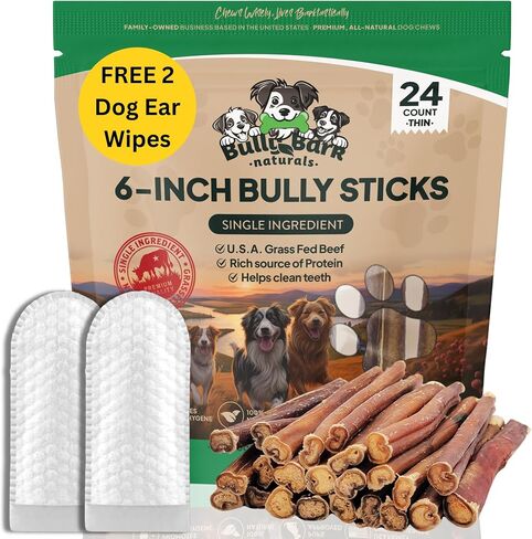 Bully Bark 100% Natural 6" Bully Sticks – 24 Count – Thin, Grass-Fed Beef Chews for Small and Medium Dogs -Fully Digestible, Natural Dental Treats to Keep Dogs Busy & Happy - Grain & Rawhide Free in Saudi Arabia