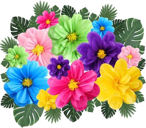 42 Pcs Tissue Paper Flowers Faux Palm Leaves Set 12 Pcs 20''/10'' Colorful Giant Paper Flowers and 30 Pcs Tropical Leaves for Summer Hawaiian Luau Mexican Fiesta Birthday (Stylish Colors) in Saudi Arabia