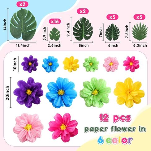 42 Pcs Tissue Paper Flowers Faux Palm Leaves Set 12 Pcs 20''/10'' Colorful Giant Paper Flowers and 30 Pcs Tropical Leaves for Summer Hawaiian Luau Mexican Fiesta Birthday (Stylish Colors) in Saudi Arabia