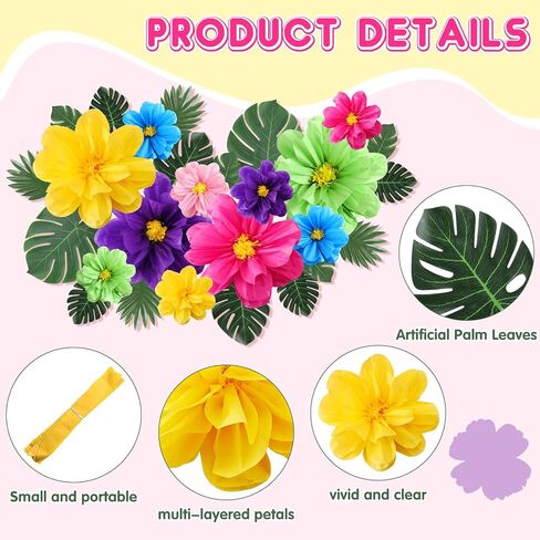 42 Pcs Tissue Paper Flowers Faux Palm Leaves Set 12 Pcs 20''/10'' Colorful Giant Paper Flowers and 30 Pcs Tropical Leaves for Summer Hawaiian Luau Mexican Fiesta Birthday (Stylish Colors) in Saudi Arabia