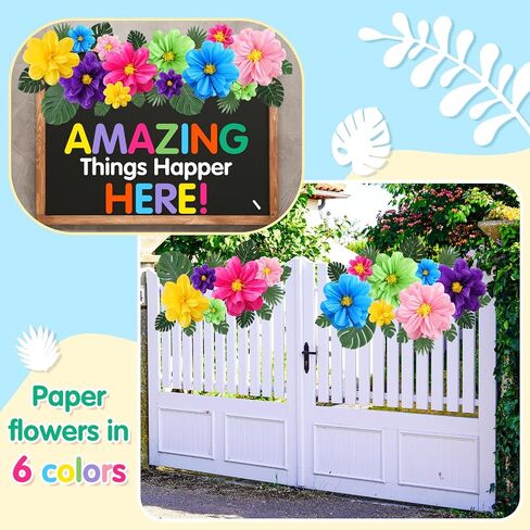 42 Pcs Tissue Paper Flowers Faux Palm Leaves Set 12 Pcs 20''/10'' Colorful Giant Paper Flowers and 30 Pcs Tropical Leaves for Summer Hawaiian Luau Mexican Fiesta Birthday (Stylish Colors) in Saudi Arabia
