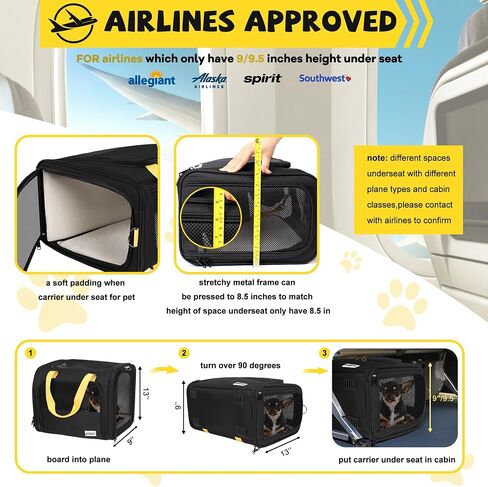 19 x 13 x 9 TSA Approved pet Carrier for cat and Small Dog up to 12-15 lbs,Turn Down to Putted underseat for Southwest Allegiant and Other Airlines Have 9'' or 9.5'' Height Space in Saudi Arabia