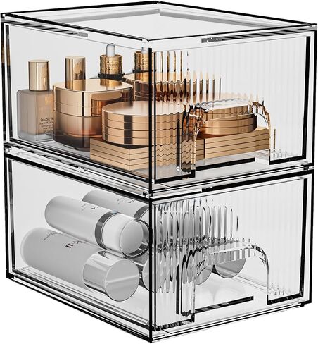 ZHIAI 4 Pack Clear Stackable Storage Drawer, Acrylic Drawer, Cosmetic Organizer, Plastic Organizer for Dresser, Under, Kitchen Cabinet, Pantry, Home Organization and Storage in Saudi Arabia