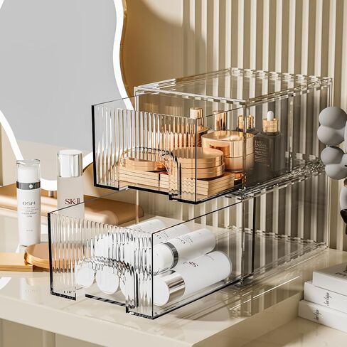 ZHIAI 4 Pack Clear Stackable Storage Drawer, Acrylic Drawer, Cosmetic Organizer, Plastic Organizer for Dresser, Under, Kitchen Cabinet, Pantry, Home Organization and Storage in Saudi Arabia